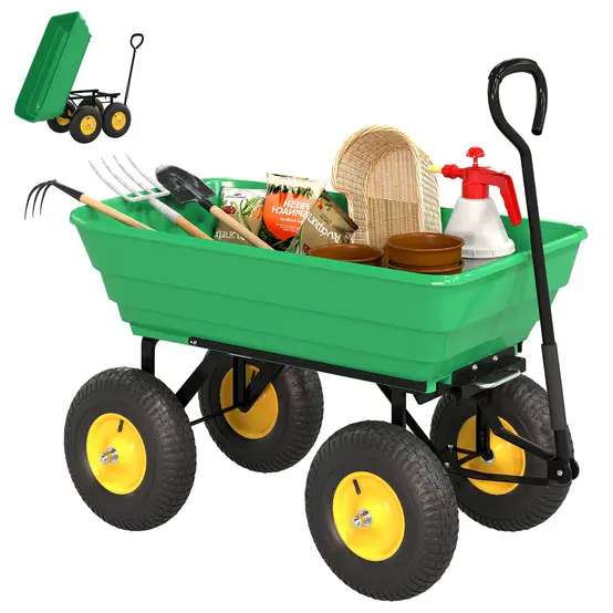 8c72acb3f7d7432a8e9e1b31d2023c9b (1) Chariot de jardin acier plastique extérieur benne basculante 75L 109x52x94cm vert - ComfortXL Outdoor Living – Image 1