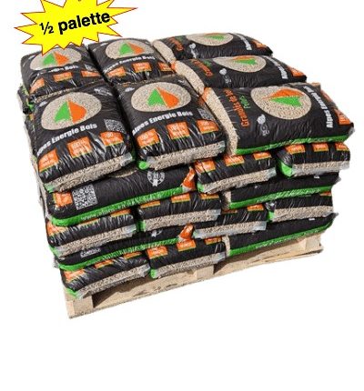 AEB 35 sacs de 15 kg – Granulés de bois Alpes Énergie Bois (AEB) DINplus 100 % résineux – demi-palette de 35 sacs de 15 kg (525 kg)